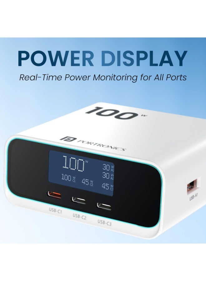 بورترونيكس Portronics 100W Adapto 100D Fast Charging 5 Port Adaptor with LCD Power Display, 3 Type C PD Port, 2 USB-A Mach Port, Fast Charging Compatible with Laptops, Macbooks, Smartphones (White) - Image 3